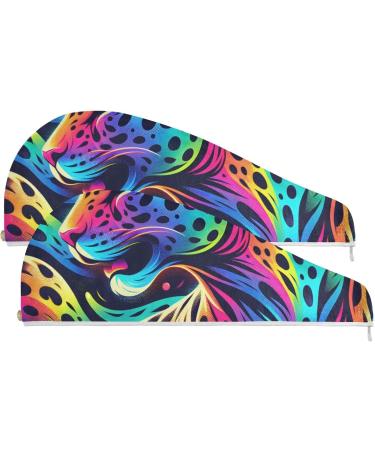 Rainbow Leopard Hair Towels - 2 Pack Super Absorbent Quick Dry Turbans for Women & Girls - Buy Online on GoSupps.com