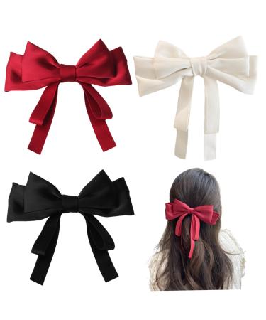 Hair Bows for Women 3PCS French Bow Hair Clips with Ribbon Large Cute Bow Clips for Women Soft Satin Silky Bow Barrette for Teen GirlsBarrettes