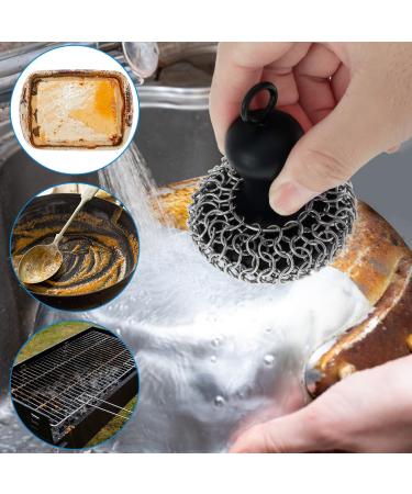 Protoiya Cast Iron Scrubber Food Grade Stainless Steel Chainmail Scrubber with Heat Resistant Pan Scraper Anti-Rust Cast Iron Scrubber Brush with Handle Reusable Cast Iron Cleaner for Cookware - Buy Online on GoSupps.com