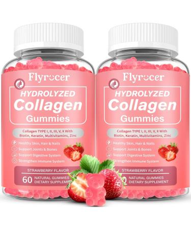 2 Pack Hydrolyzed Collagen Gummies for Women & Men Women Over 50 Collagen Peptides Type I II III V & X with Biotin Vitamin C & E-Supports Skin Hair Nails Bone Health Strawberry Flavor 120 Count 60 Count (Pack of 2)
