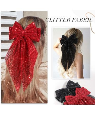 2Pcs Glitter Layered Hair Bows 8 Inch Barrette Hair Clip for Women Girls - Black+Red - Buy Online on GoSupps.com