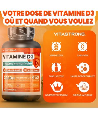 Vitamine D3 2000 UI 50mcg 1 par Jour 450 Comprim s Vitamine D3 Cholecalciferol (15+ Mois) Syst me Immunitaire Os Dents Muscles Suppl ment Haute Dose Premium Quality Vitastrong - Buy Online on GoSupps.com