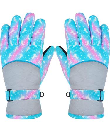 Ausletie Kids Waterproof Winter Snow Gloves - Blue Unicorn | Warm Snowboard Gloves for Girls | Outdoor Ski Gloves for Children - Buy Online on GoSupps.com