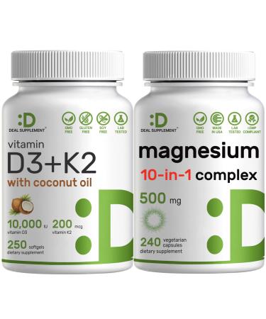 DEAL SUPPLEMENT Vitamin D3 10 000iu + K2 200mcg Softgels & Magnesium Complex Veggie Capsules Bundle Essential Sunshine Vitamins with Coconut Oil High Absorption Chelated Minerals 10-in-1
