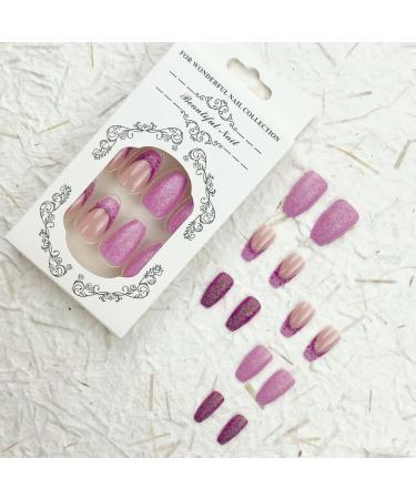 Fashionable Hot Pink Glitter French Tips Press On Nails - 24Pcs Medium Coffin Nails for Women and Girls - Buy Online on GoSupps.com