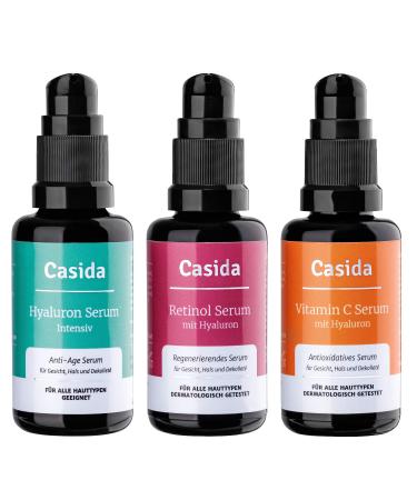 Casida Casida Anti Aging Serum Set Vitamin C Serum Retinol Serum Intensive Hyaluronic Acid Serum Face Care Against Wrinkles Pharmacy Quality 3 x 30ml