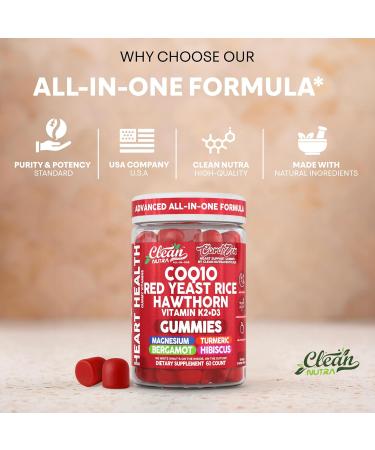 Clean Nutra CoQ10 Gummies Red Yeast Rice Hawthorn K2 Vitamin Supplement Magnesium Glycinate Turmeric Citrus Bergamot Hibiscus VIT D K Fenugreek Garlic Supplements Heart Support Gummy 60ct - Buy Online on GoSupps.com