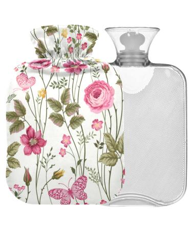 Naanle hot hot water bottle with the cover pink butterfly rose transparent hot water bottle heat bottle for back pain relief handfoot warmer neck warmth and cold therapy 1l