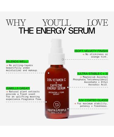 Youth To The People 15% Vitamin C + Clean Caffeine Energy Serum - Reduce Puffiness - Hydrating Antioxidant Face Serum - Vegan Skincare (1 oz) - Buy Online on GoSupps.com
