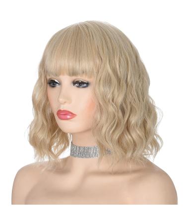 morvally Blonde Wig with Bangs Short Blonde Wigs for Women Blond Wavy Synthetic Hair Bob Wigs for Womens Daily Wear 12 Inch