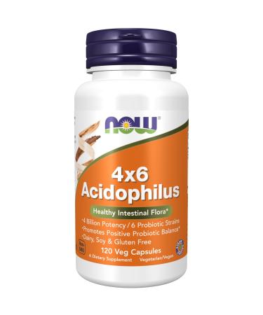 NOW Foods Supplements Acidophilus 4X6 4 Billion Potency with 6 Probiotic Strains Strain Verified 120 Veg Capsules 120 Count (Pack of 1)