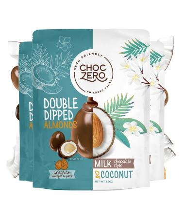ChocZero's Keto Chocolate Covered Almonds - Milk Chocolate Coconut - Roasted Almonds Dipped in Sugar Free Candy - Low Carb Healthy Snack (3.5oz each, 3 bags) Milk Coconut 3.5 Ounce (Pack of 3)