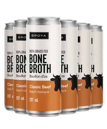 Broya Classic Beef Bone Broth | Premium 100% Grass Fed Beef with Collagen Protein | Paleo Keto and Gluten-Free | Perfect for Sipping Soup and Cooking Stock | (6 Cans) CLASSIC BEEF 237 ml (Pack of 6)