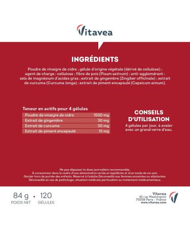 Vinaigre de Cidre G lules 1500 mg avec la M re - Complexe avec Piment Gingembre et Curcuma - 120 G lules Vegan - Fabriqu en France - Vitavea - Buy Online on GoSupps.com