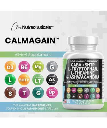 Clean Nutraceuticals GABA 750mg 5 HTP 200mg L Tryptophan 500mg L Theanine 200mg Ashwagandha 3000mg SAM-e L-Glycine - Mood Support Vitamins for Women and Men with L-Tyrosine - Made in USA 60 Caps - Buy Online on GoSupps.com