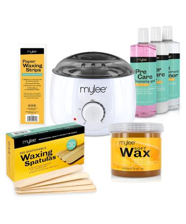Mylee Salon Quality Waxing Kit Includes Wax Heater Soft Honey Wax Waxing Strips Spatulas Mylee Pre and After Care Lotion and Equipment Cleaner (Soft Honey Wax Kit)