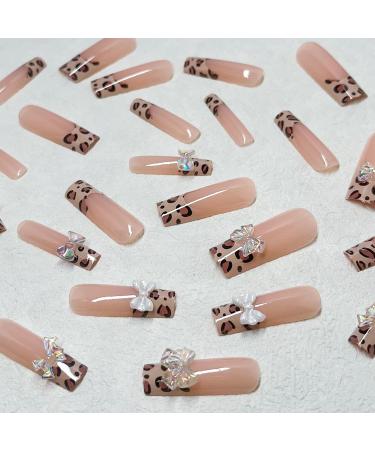 Shop Glossy Brown Leopard Print French Tip Press On Nails - 24pcs Long Square Acrylic Nails with 3D Bow Designs | Cute Full Cover Glue-On Nails for Women - Buy Online on GoSupps.com