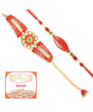 Ghasitaram Gifts Rakhis Online - Rakhi for Brother-T-1 Red Bracelet Bhaiya Bhabhi Rakhi with 200 GMS of Kaju katli Rakhi Set with 200 gms of Kaju katli