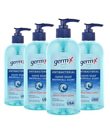 Germ-X Antibacterial Liquid Hand Soap Waterfall Scent pH Balanced 16 oz (Pack of 4) Dermatologist Tested Clear Hand Wash for Kitchen or Bathroom Back to School Supplies