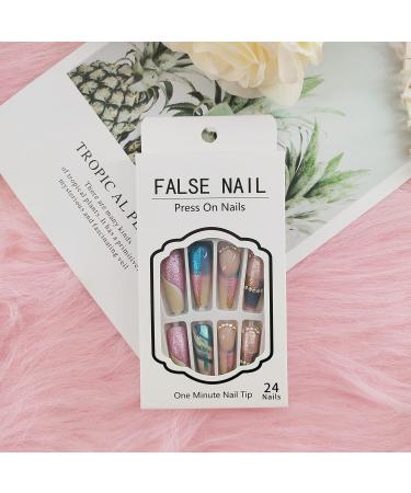 Extra Long Coffin Press on Nails - 24Pcs Full Cover Sequins & Rhinestones Acrylic Stick on Fake Nails for Women - Matte Finish with Glue - Buy Online on GoSupps.com