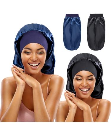 LIIBOT Long Silk-Satin Bonnet for Women - 2 PCS Large Night Cap for Curly Dreadlock Braid Hair (Black & Blue)
