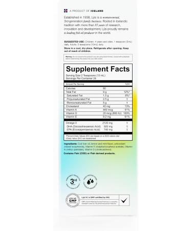 LYSI Cod Liver Oil Omega-3 Supplement 1660mg EPA & DHA Per Serving Plus Vitamins A D E Sustainably Sourced 100% Wild Icelandic Cod GMP Certified 8.12 FL oz 24 Servings Flavor Mint and Lemon - Buy Online on GoSupps.com