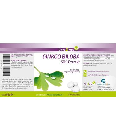 Vita2you Ginkgo Biloba 400 Tablets - High-Dose Ginkgo Extract with Flavonglycosides & Terpenlactone - Premium Quality Annual Pack - Low Ginkgolic Acid - Buy Online on GoSupps.com