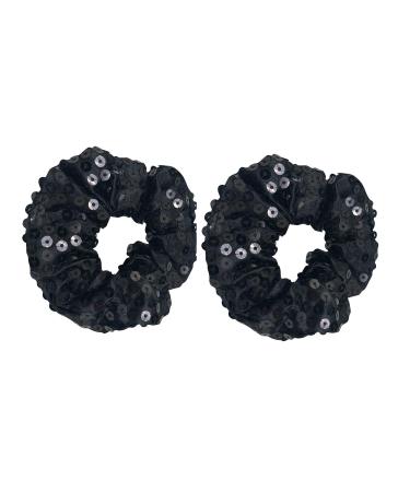 2 Pack Black Satin Face Sequins Hair Scrunchies Sparkly Hair Ties Hair Eleastic Bands Scrunchy Hair Ties Ropes Ponytail Holders Wrist Cloth Bands for Girls School Dance Stage (Black)