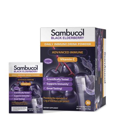 Sambucol Black Elderberry Drink Powder - Daily Immune Black Elderberry Powder with Vitamin C Vegan Friendly Sugar Free Delicious Berry Taste - 30 Count