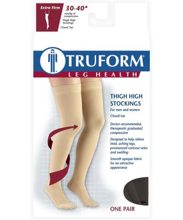 Truform Thigh High Compression Stockings 30-40 mmHg for Men & Women - Dot-Top Closed Toe - Black Medium (2 Pairs) - International Shipping Available - Buy Online on GoSupps.com