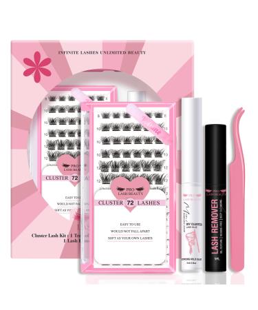 DIY Lash Extension Kit Cluster Lashes Kit with 72 Pcs Lash Clusters Lash Bond Remover Eyelash Applicator Beginner DIY Lashes Kit Easy to Use (Volume Style) DIY Lash Kit Volume Kit (Clear Glue)