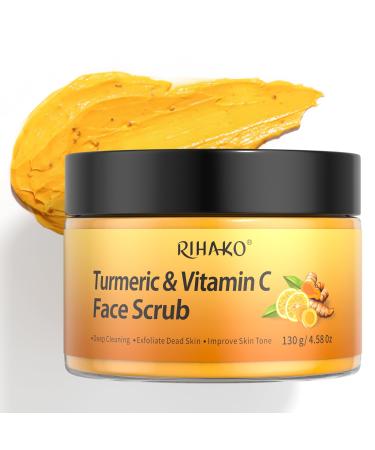 RIHAKO Turmeric Exfoliating Facial Scrub Vitamin C Face Exfoliator for All Skin Types Clears Blackheads Nourishes Skin Deep Cleansing