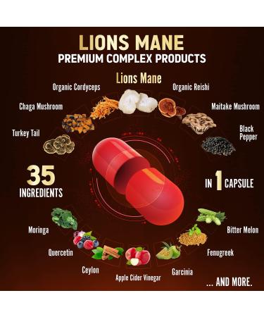 35-in-1 Lions Mane Mushroom Capsules | 20000mg with Cordeyceps, Reishi, Elderberry, Ashwagandha, Panax Ginseng | Focus, Memory, Brain Support Supplement | Immune & Energy Pills - Buy Online on GoSupps.com