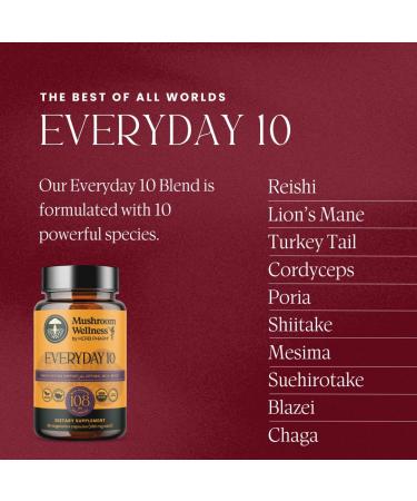 Mushroom Wellness Everyday 10: Organic 10-in-1 Mushroom Capsules with Lion's Mane, Shiitake, Reishi, Turkey Tail & More, Mushroom Powder Supplement, Immune & Nervous System Support, 90 Vegan Capsules - Buy Online on GoSupps.com