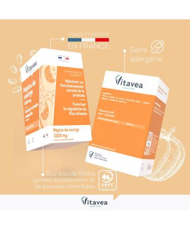 Vitavea - Pumpkin Seed 1000MG - Men's Food Supplement - Urinary Comfort - Prostate - Squash Seed Oil - 60 Tablets - Cure 1 Month - Made in France - Buy Online on GoSupps.com