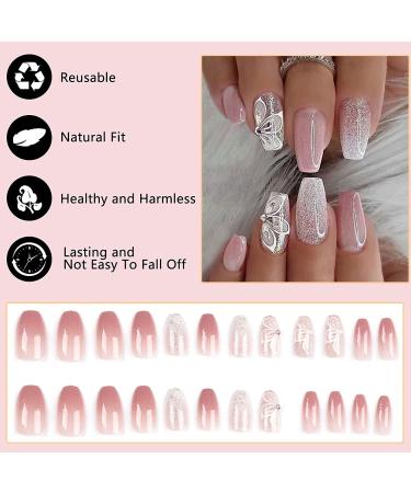 Gradient Pink Coffin Fake Nails with Butterfly Rhinestone Designs - 24pcs Medium Length Press on Nails for Women & Girls | Shiny Glossy Acrylic Full Cover False Nails - Nail Art Manicure Decoration - Buy Online on GoSupps.com