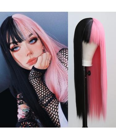 Towar for a long time just a wig with pony synthetic wig without a lace front for women natural middle parting color No. 1001 for everyday life black-pink black/pink Straight