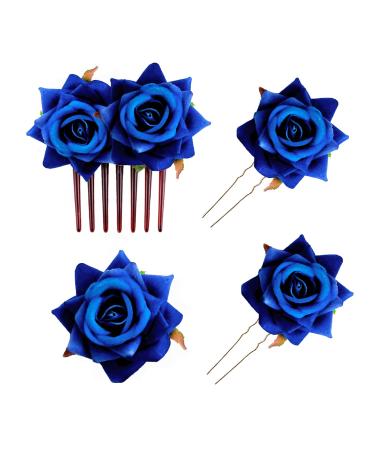 PMELCXD Rose Hair Clip 4 Pieces Flower Hairpin Rose Brooch Floral Clips Women Rose Flower Hair Accessories(Navy blue)