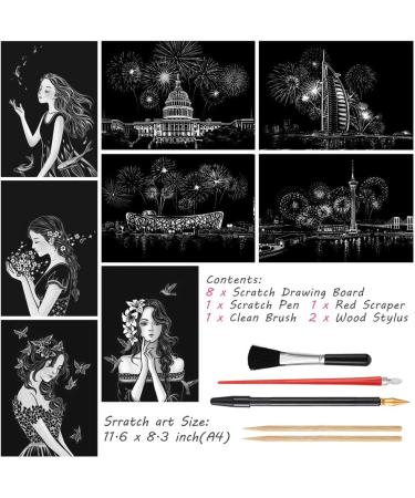 Scratch Art Rainbow Painting Paper - DIY City Crafts for Women, Engraving Art for Kids & Adults - Easter & Christmas Birthday Gift Set - 8 Sheets - Fireworks & Girls - Buy Online on GoSupps.com