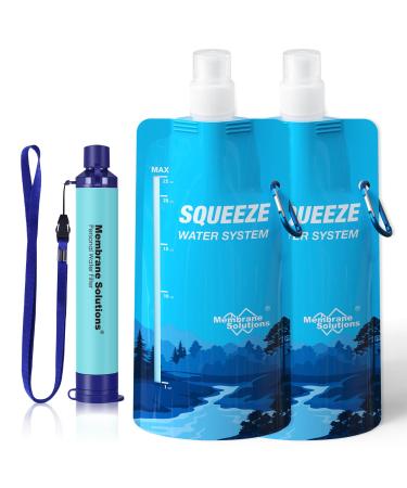 Membrane Solutions Squeeze Water Filtration System Survival Water Purifier Kit Portable Backpacking Gear Including Water Filter Straw and 23oz Collapsible Water Bottle for Hiking Camping Travel(1+2) Squeeze Filter Kit W/ 2 Pouch