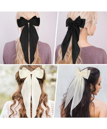 Big Bow Barrettes Set - Soft Silky Satin Hair Clips for Women and Girls - 90's Style Hair Accessories - Perfect for Parties and Valentine's Day - Black and Beige (2 Pieces) - Buy Online on GoSupps.com