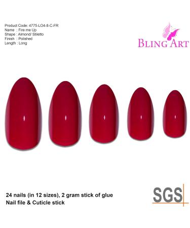 Shop Bling Art Red Polished Stiletto Almond False Nails - 24 Long Tips with Glue | International Shipping Available - Buy Online on GoSupps.com