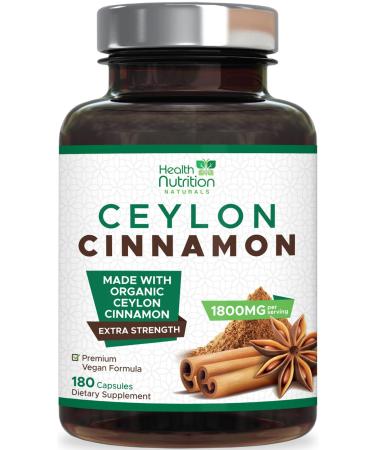 Ceylon Cinnamon Capsules 1800mg - Extra Strength Certified Organic True Cinnamon Powder Formula for Energy & Heart Support Bottled in USA Non-GMO Gluten Free Sugar Free Supplement 180 Capsules 180 Count (Pack of 1)