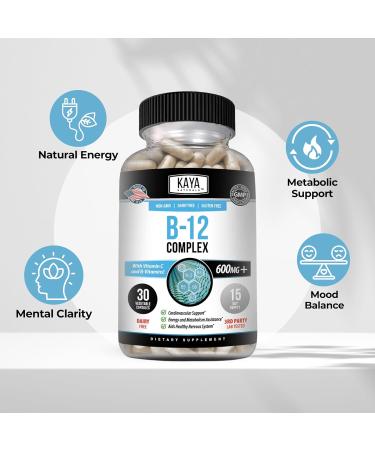 Kaya Naturals B-12 Complex | Multivitamin Supplement for Women & Men Energy and Metabolism Booster | B-Complex Vitamin with Biotin Choline Inositol Folate and Vitamin C - 30 Capsules 30 Count (Pack of 1) - Buy Online on GoSupps.com