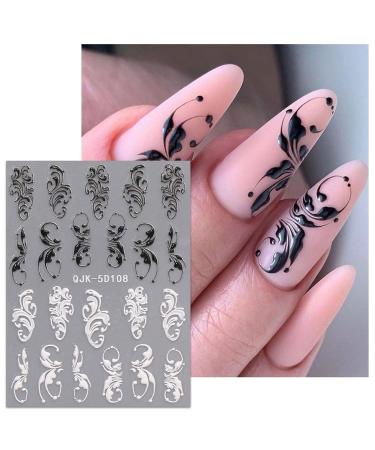 JMEOWIO 3D Flower Nail Art Stickers | Black & White Self-Adhesive Decals | 4 Sheets of 5D Lace & Leaves Design Accessories - Buy Online on GoSupps.com