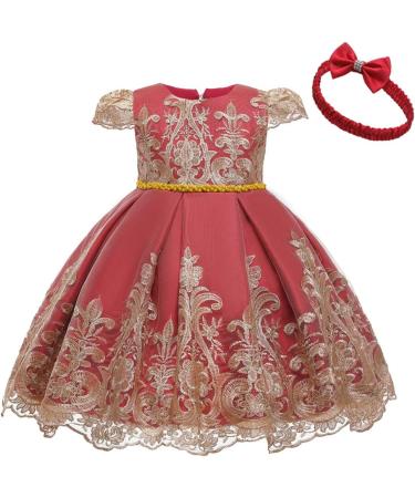 Myrisam Baby Girl Embroidery Birthday Dress | Princess Bowknot Christening Gown 5-6 Years Deep Red with Headwear - Buy Online on GoSupps.com
