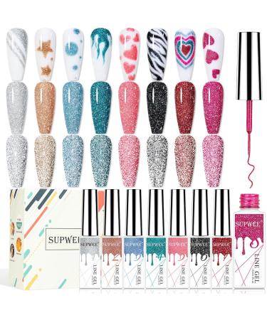 Supwee Reflecting gel liner nail art set 8 colors disco glitter liner gel polish silver pink glitter nail liner gel polish nail painting for DIY Drawing SOAK off uv gel 114