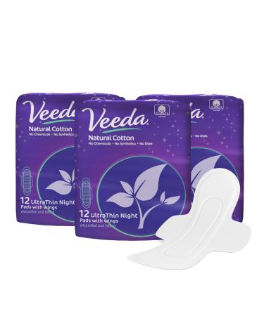 Veeda Ultra Thin Super Absorbent Night Pads Are Always Chlorine, Dye and Fragrance Free, Natural Cotton Sanitary Napkins,3 Packs of 12 Count Each 12 Count (Pack of 3)