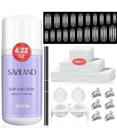 Saviland Poly Nails Gel Slip Solution Kit 120ML Slip Solution for Poly Extension Gel Anti-Stick Liquid Solution with Dual-Ended Gel Nail Brush Nail Clip Nail Tips Manicure Starter Kit for DIY Nail Art
