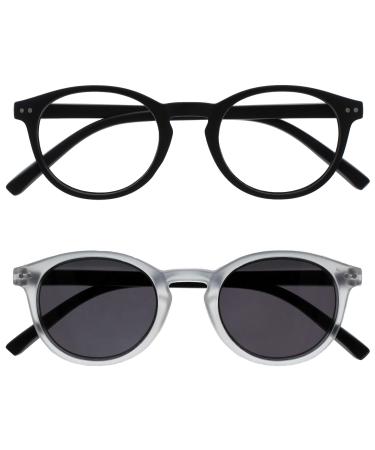 Opulize Zen 2 Pack Reading Glasses With Sun Readers Black Crystal Small Men Women RS24-1C +2.00 +2.00 Diopters